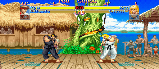 Expanded v3 view of the same stage fixture, showing 64 extra background columns at each edge and the same-sized fighters.