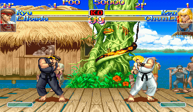 Standard v3 view of stage 2, with the left hut and only part of the right spectators visible.