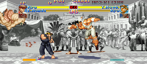 Actual expanded v3 diagnostic frame: colorful fighters and HUD over a gray stage during Variable Cross.