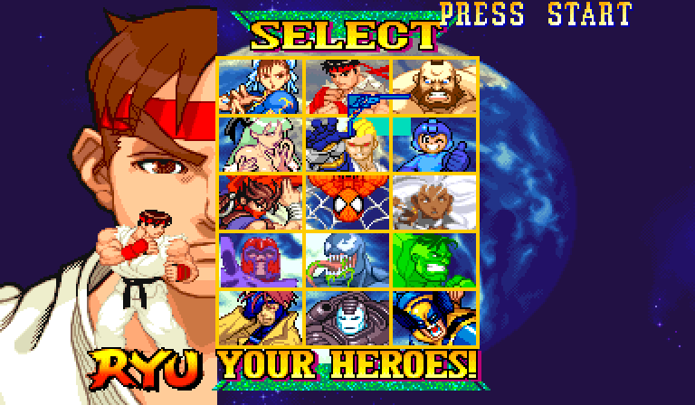 MvC character select screen rendered by the schema12 build booting the V5 candidate, with Storm and Magneto portraits present in the grid and the P1 cursor on Ryu