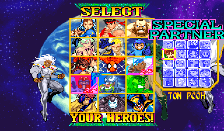 Character select frame 914: Storm's committed body rendered on the left grid-actor side during the partner phase, with the select grid and both teams' labels visible