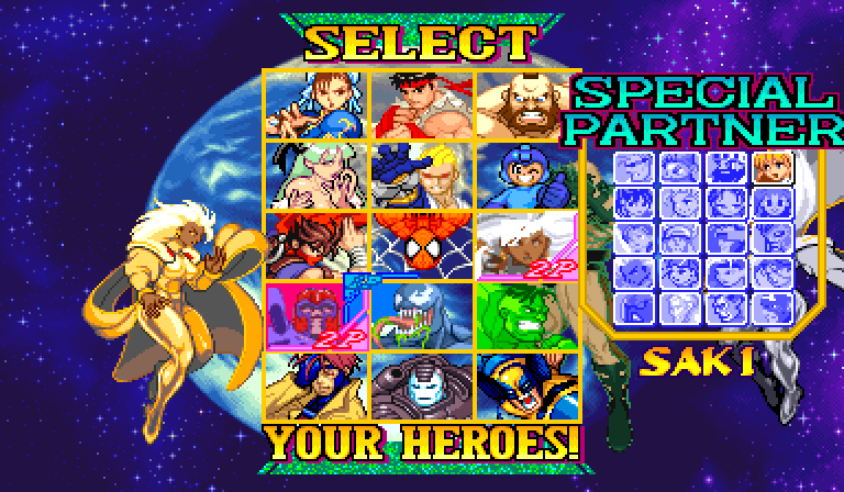 Marvel vs Capcom character select at frame 920: Storm's committed body rendered on the left of the grid while the SPECIAL PARTNER panel is open