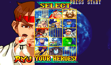 Marvel vs. Capcom character select screen captured headless in MAME, showing the 3x5 character grid with the cursor on the top-middle cell