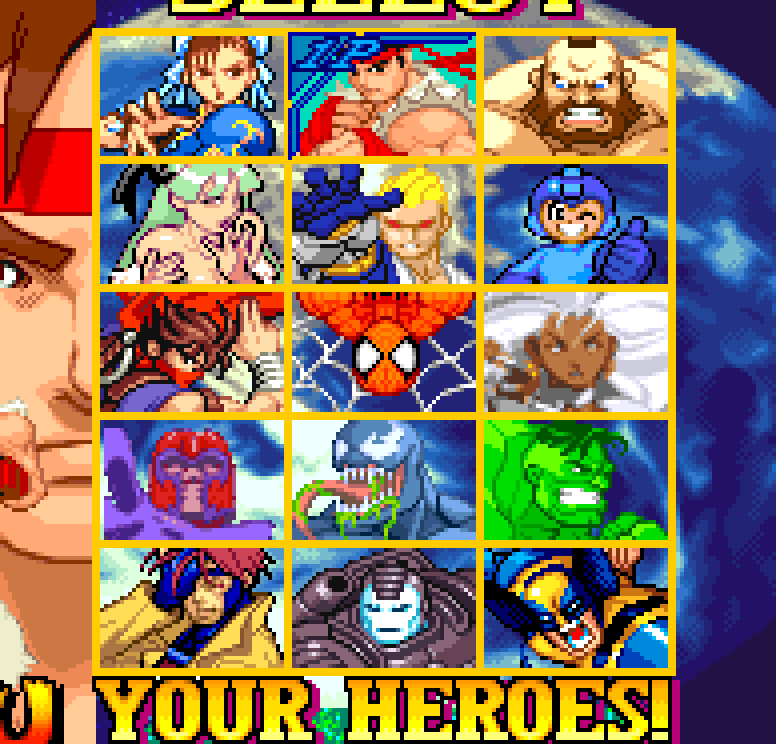 Patched Marvel vs. Capcom character-select grid with Storm replacing Jin's icon and Magneto replacing Captain America's icon