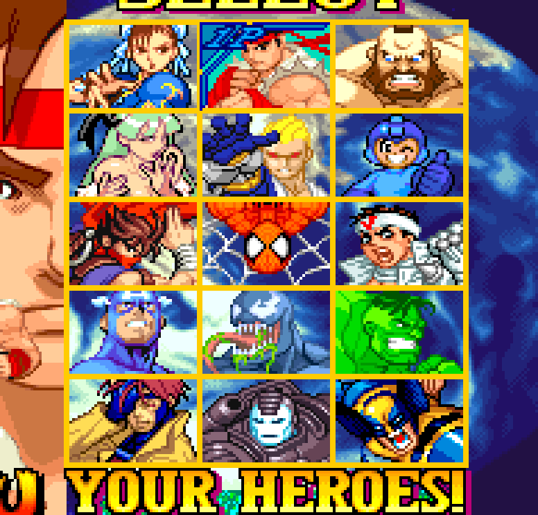 Stock Marvel vs. Capcom character-select grid with Jin in the third row right cell and Captain America in the fourth row left cell