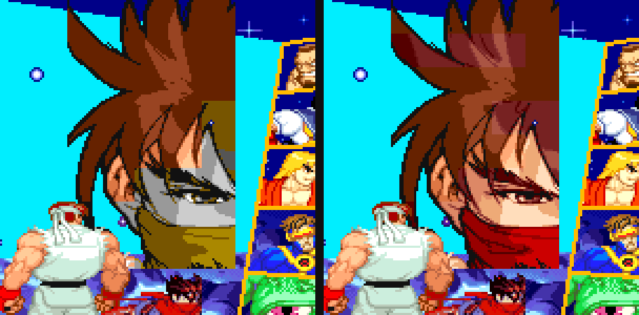 The large character bust, before and after the palette patch. Left: olive and grey, wearing the donor's colours. Right: Strider's red scarf and correct skin tones.
