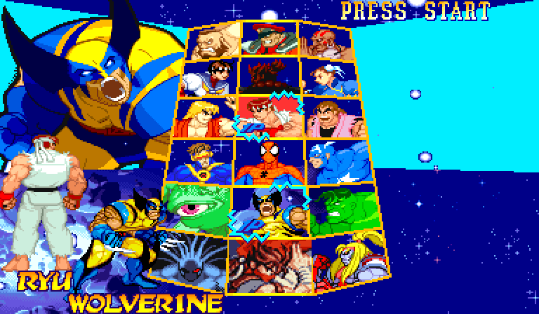 The full select screen with the cursor on Wolverine. The bottom-centre grid box holds Strider's portrait while the name plate reads WOLVERINE and the bust shows Wolverine.