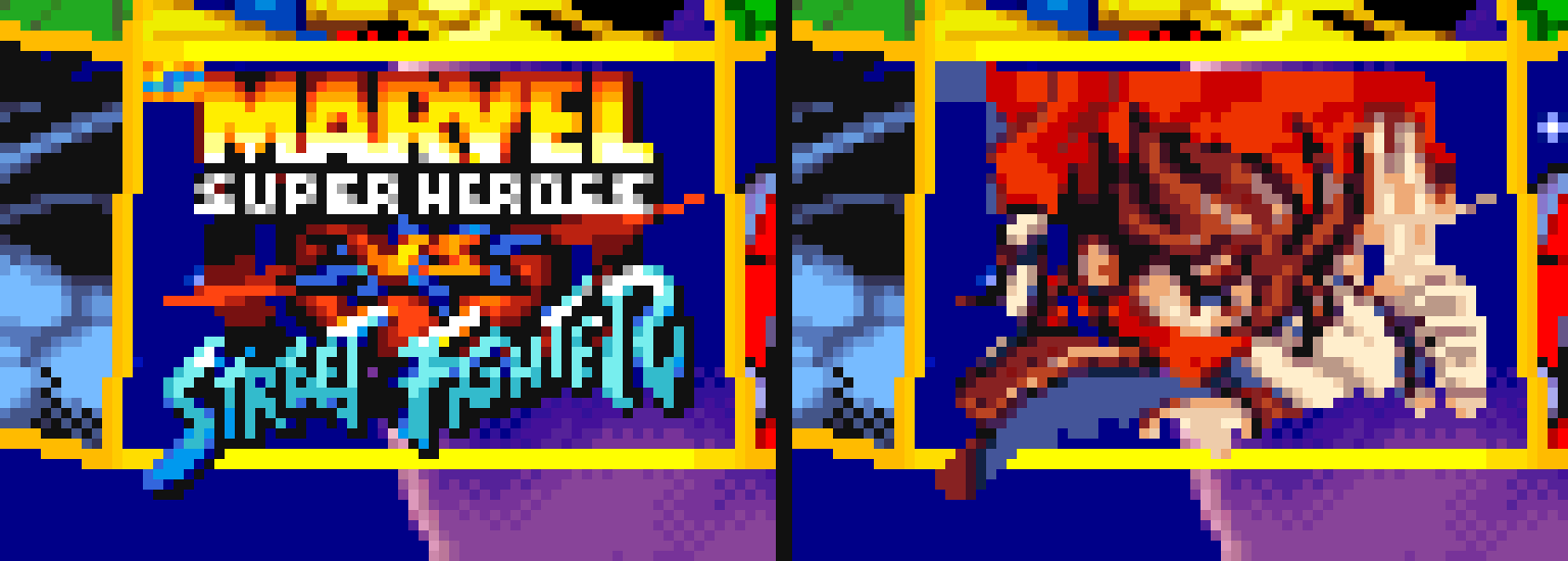 The bottom-centre select-screen box, before and after. Left: the MARVEL SUPER HEROES vs STREET FIGHTER logo. Right: Strider Hiryu's portrait, in his own colours.