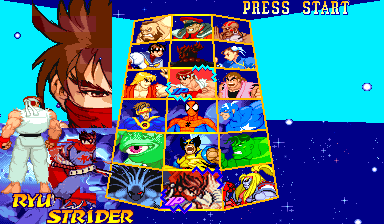 The full select screen. The name plate reads STRIDER, the large bust is Strider in his red scarf, the small standing figure is Strider, and the bottom-centre grid box holds his portrait.
