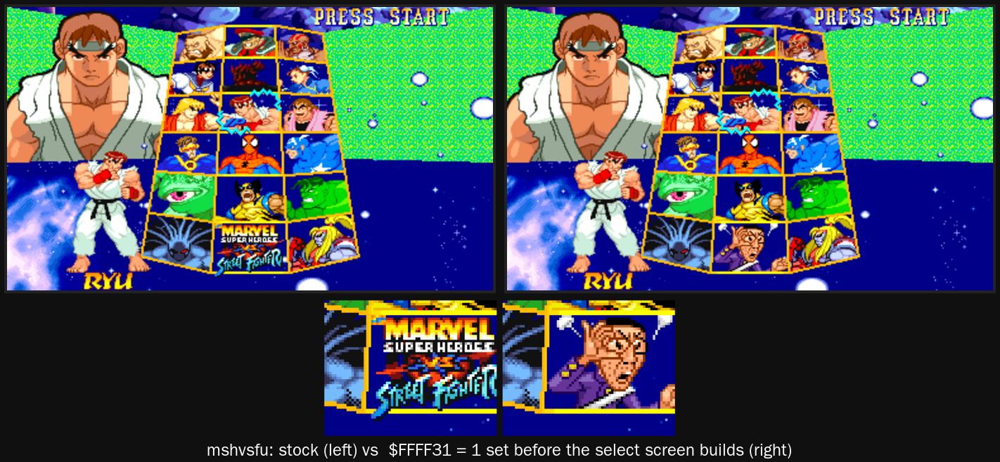Close-up of the bottom-centre cell, before and after. Before: the game logo. After: a portrait of a bespectacled man in a purple suit.
