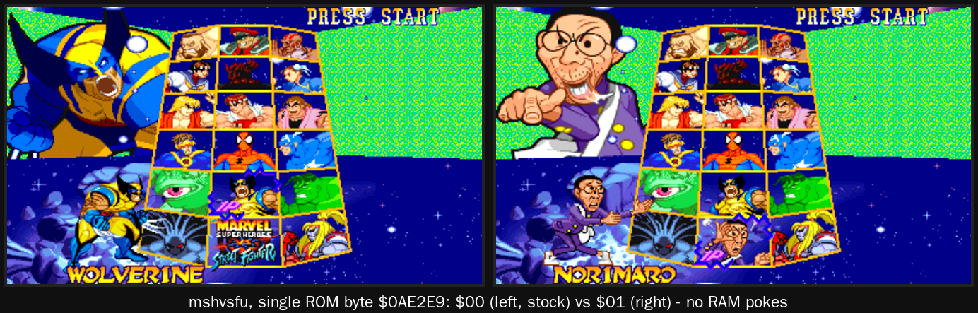 Two select screens side by side. Left: the cursor sits on Wolverine and the bottom-centre cell shows the game logo. Right: the cursor is on Norimaro, whose portrait, name and stance sprite all render.