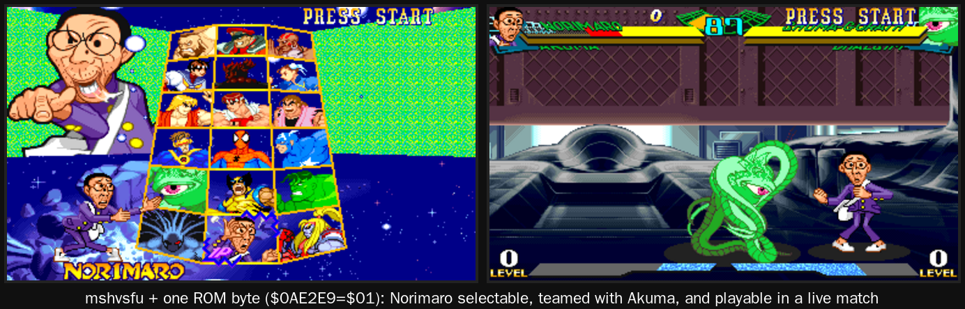 Left: the select screen with Norimaro chosen. Right: a live match with Norimaro fighting Shuma-Gorath, his name and face on the health bar.