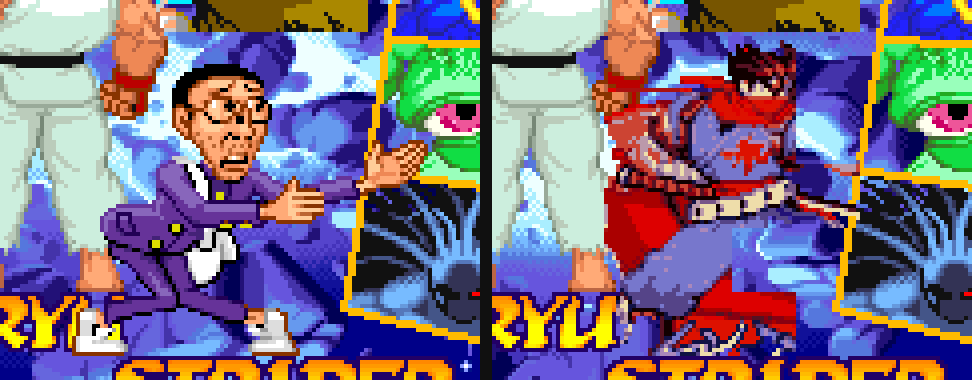 The small standing figure beside the locked-in pick, before and after. Left: Norimaro in a purple suit and glasses. Right: Strider Hiryu in his red scarf and sash.