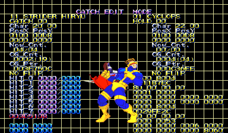 MSHvsSF's secret test menu, CATCH EDIT MODE: the top row reads 11 STRIDER HIRYU against Cyclops, with the menu's grid of numbers around them