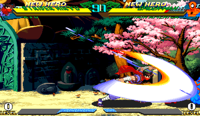 Strider slashes at Spider-Man with Ame no Murakumo, a wide white arc from his sword, on MSHvsSF's temple stage