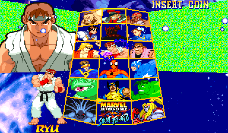 The stock USA select screen: the bottom middle square of the grid shows the MARVEL SUPER HEROES VS. STREET FIGHTER logo