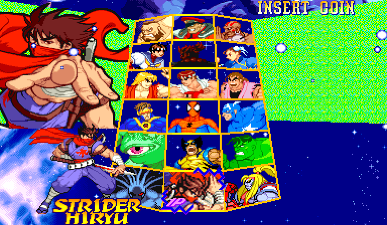 MSHvsSF's select screen with the cursor on the bottom middle square: Strider Hiryu's portrait in the grid, his big picture and his standing pose on the left, and his name under them