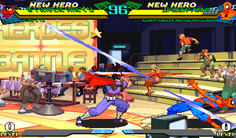 MSHvsSF: the same frame of the same input, Strider's Gram slash on Spider-Man on MSHvsSF's stage