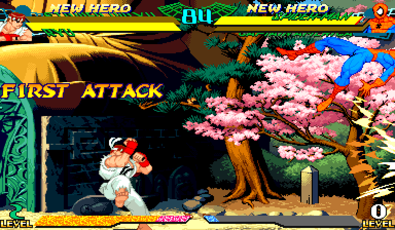 A tag: Strider jumps out of the top of the screen while his partner Ryu flies in with a kick at Spider-Man