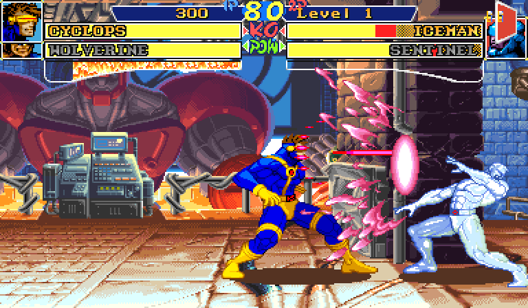 The XCOTA TAG HUD: the point's bar over the partner's with both names inside the bars, two portraits per side, and the X-Power gauge under them