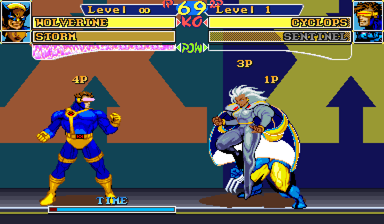 Four-player Cross Over Fever: 1P Wolverine and 3P Storm against 4P Cyclops, each marked with its player number