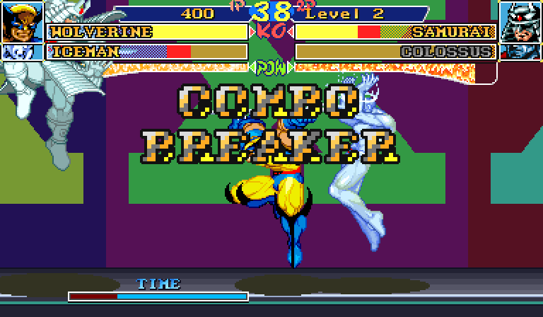 COMBO BREAKER over the fever sky: Silver Samurai, alone on his side, breaks the combo of Wolverine and Iceman, and both of them hop back