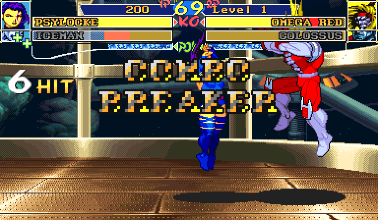 COMBO BREAKER across the screen as Psylocke and Omega Red are pushed apart, Psylocke's 6-hit combo stopped