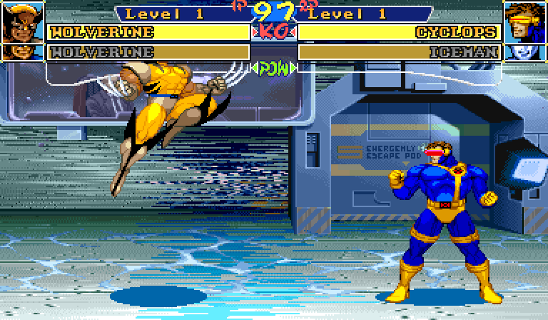 A second Wolverine, in the brown colours, flying in with a kick toward Cyclops