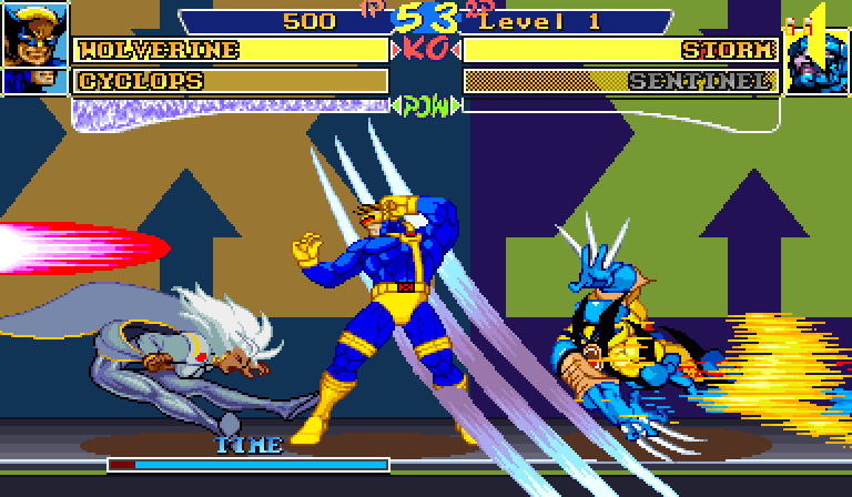 Cross Over Fever: Cyclops fires his Optic Blast and Wolverine attacks Storm over a calm sky of big X's, with a floor under their feet