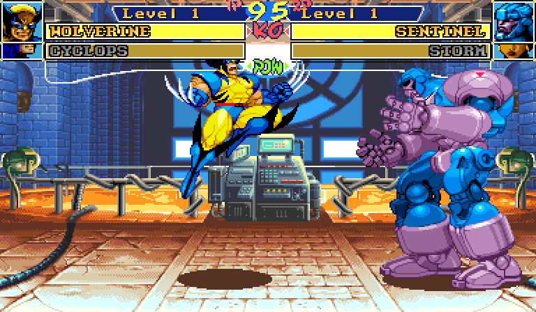 Wolverine flying across the whole screen toward Sentinel, who stands at the far right