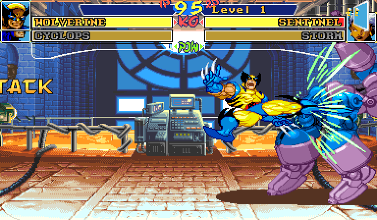Wolverine's flying kick hitting Sentinel at the far right of the screen