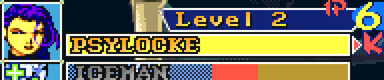 The top-left HUD at four times size: Psylocke's bar, the benched Iceman's darker gold bar with its red part, and a green plus over his portrait
