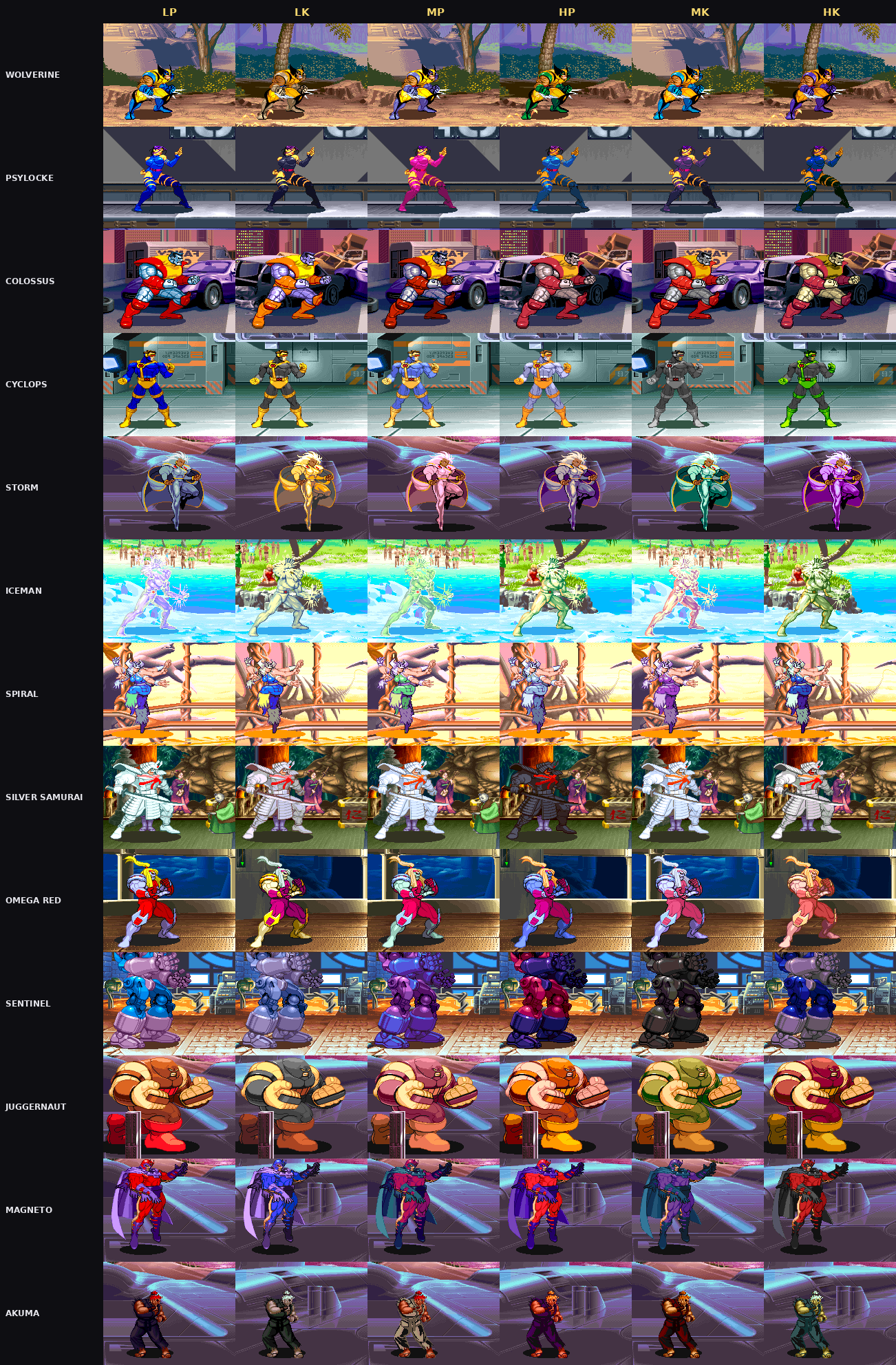All thirteen X-Men, each in six colours: Wolverine, Psylocke, Colossus, Cyclops, Storm, Iceman, Spiral, Silver Samurai, Omega Red, Sentinel, Juggernaut, Magneto and Akuma, columns LP, LK, MP, HP, MK, HK