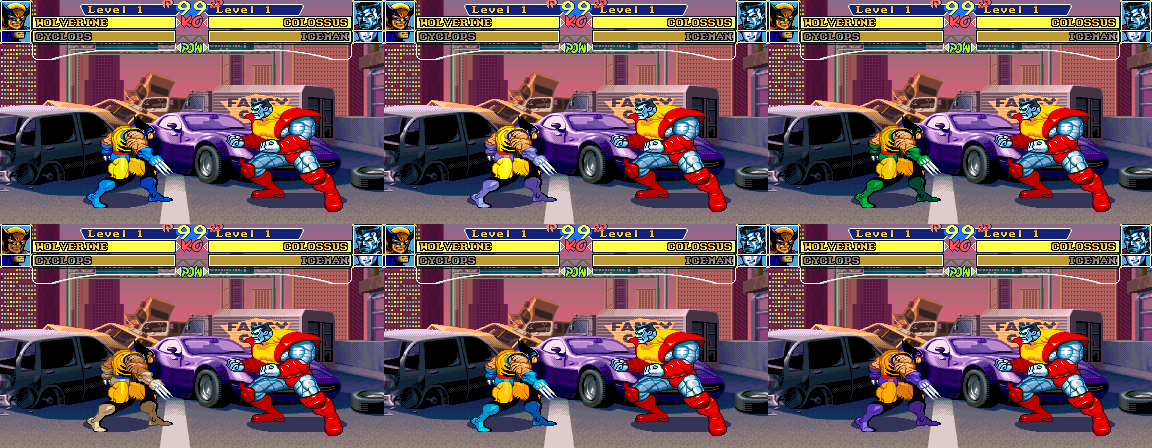 Wolverine in six colours on the same frame of the same fight: stock yellow and blue, purple, green on the top row; brown, light blue, dark purple on the bottom row