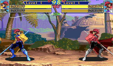 Two Gambit costumes in the Fightcade build with original MVC1 floor-shadow art and measured source gray.