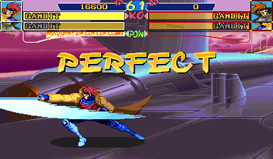 A native PERFECT result with two Gambit costumes, matching source portraits and retained health bars.