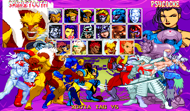 The native 17-character Special menu, with Sabretooth's complete face and body preview.