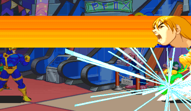 A Delayed Hyper Combo: Ken's Hyper cut-in over the stage while the first Hyper's rays still fill the screen