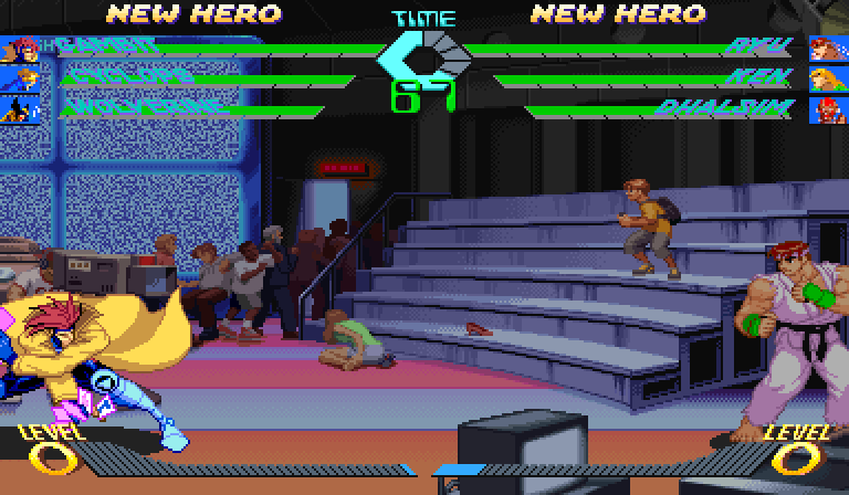The three-member HUD: Gambit, Cyclops and Wolverine against Ryu, Ken and Dhalsim, three portraits and three life bars a side, with Gambit and Ryu on point