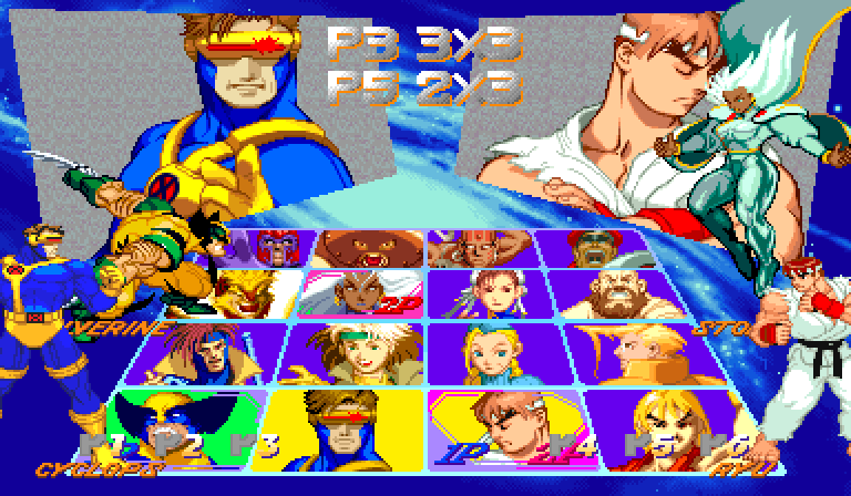 Character select in six-player mode: P3 picks the left team's third character while P5 picks the right team's second