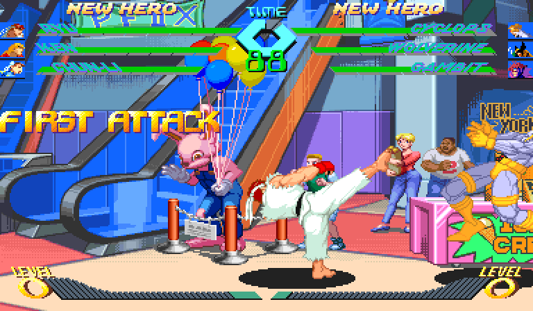 A snapback lands: Ryu's kick sends Cyclops out, and Wolverine, the reserve Ryu named, is forced in next