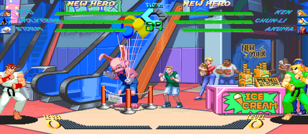 Ryu at the left edge and Ken at the right edge of the wide arena's mall stage, 470 pixels apart