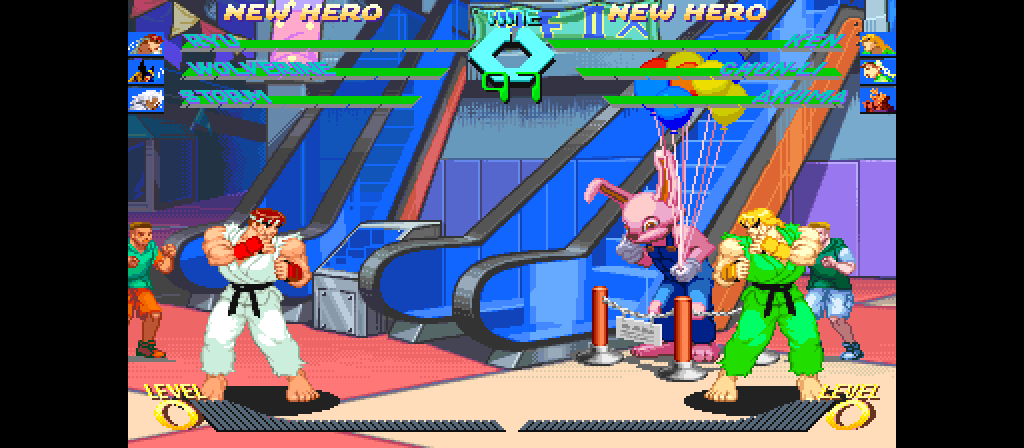 A round start on the mall stage in the arcade screen's 384 pixels, Ryu against Ken, three portraits and three bars a side, with black bands where the wide arena adds columns