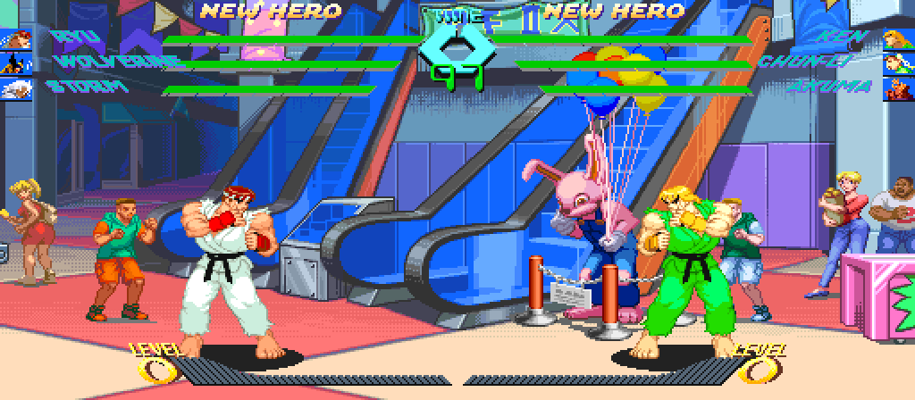 The same round start in the 512-pixel wide arena: the same scene in the middle, more of the mall on both sides, and the HUD's portraits moved out to the new edges